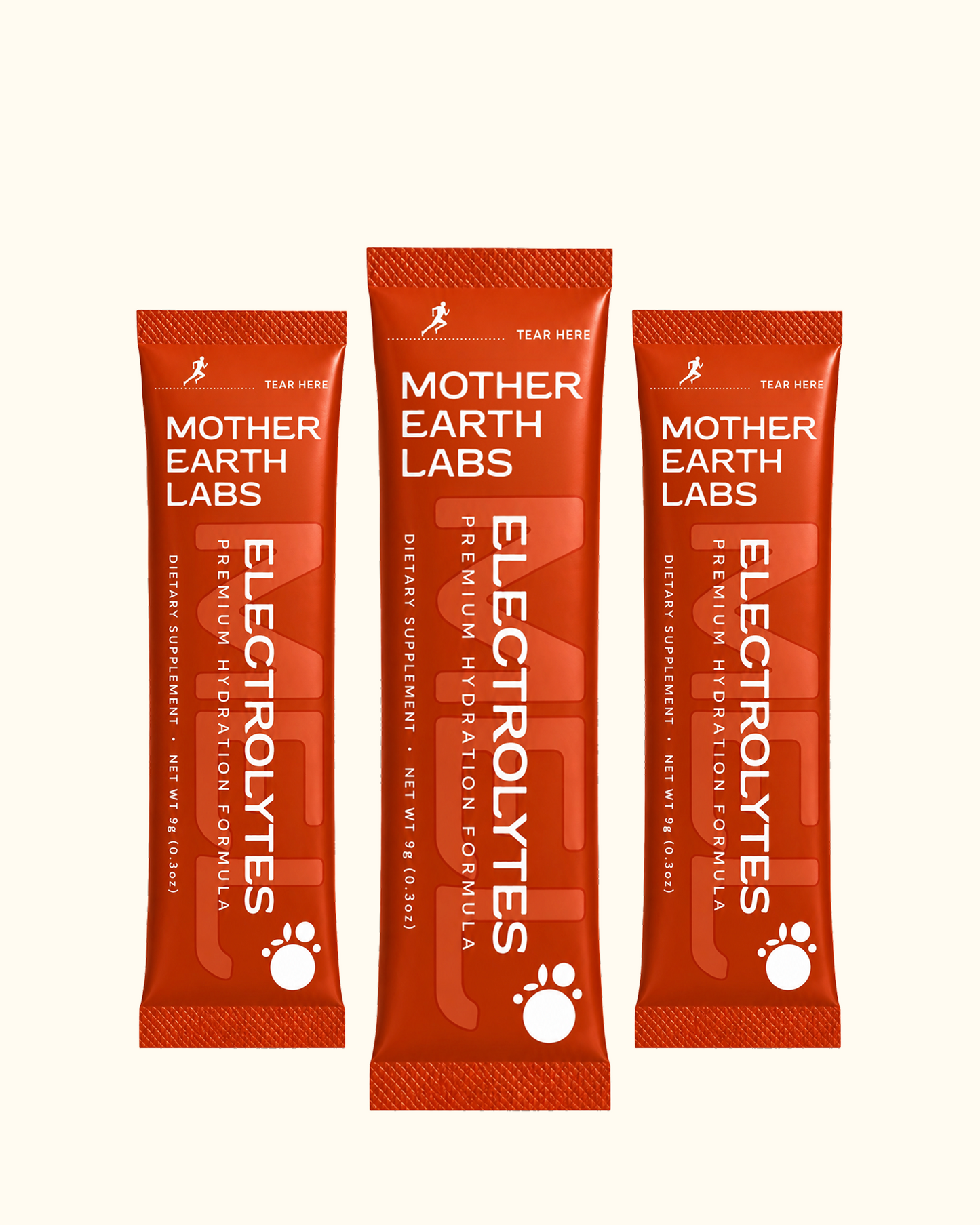 Three packets of Mother Earth Labs Electrolytes on a white background