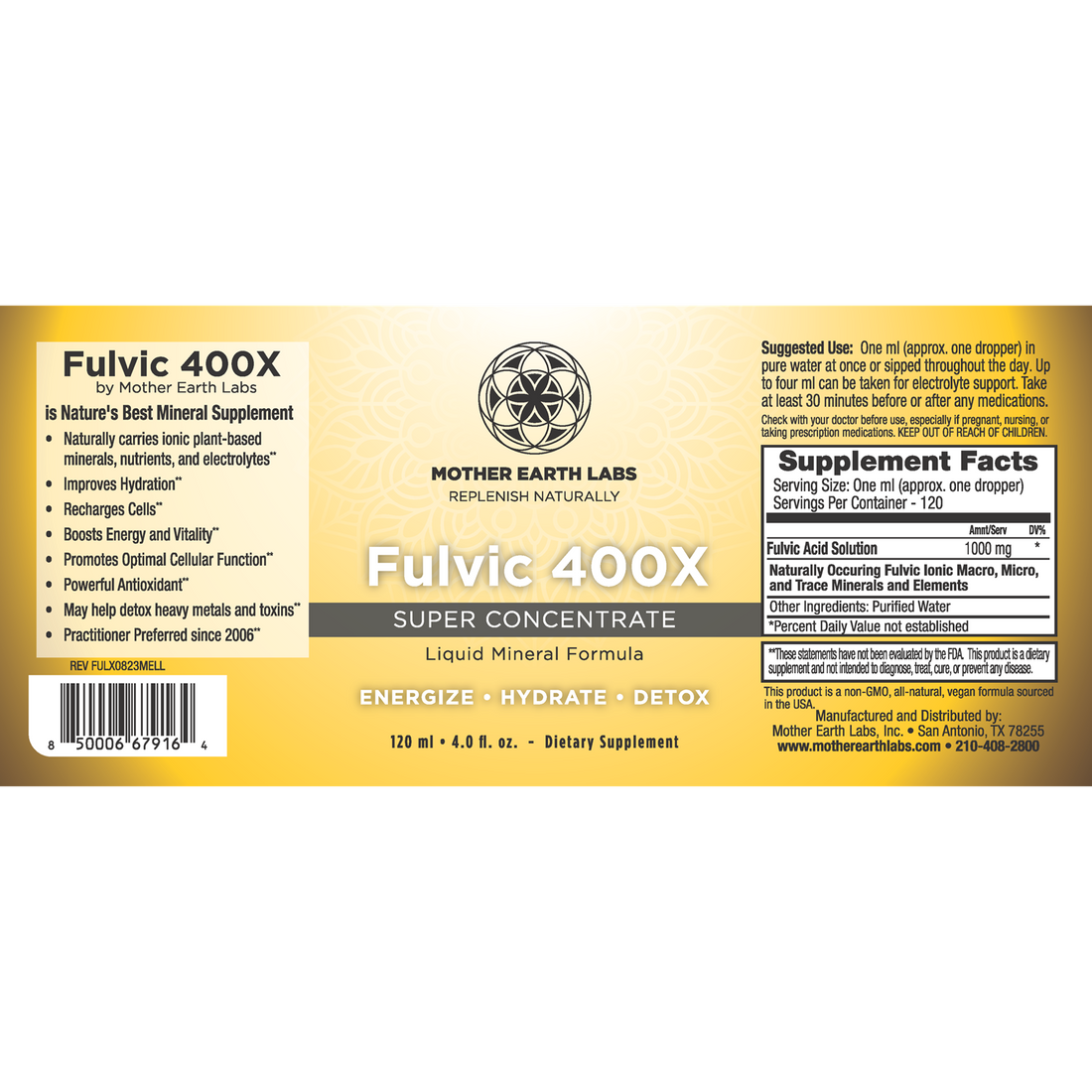 Fulvic 400X Concentrated Fulvic Acid Liquid Drops supplement facts label, 4 oz