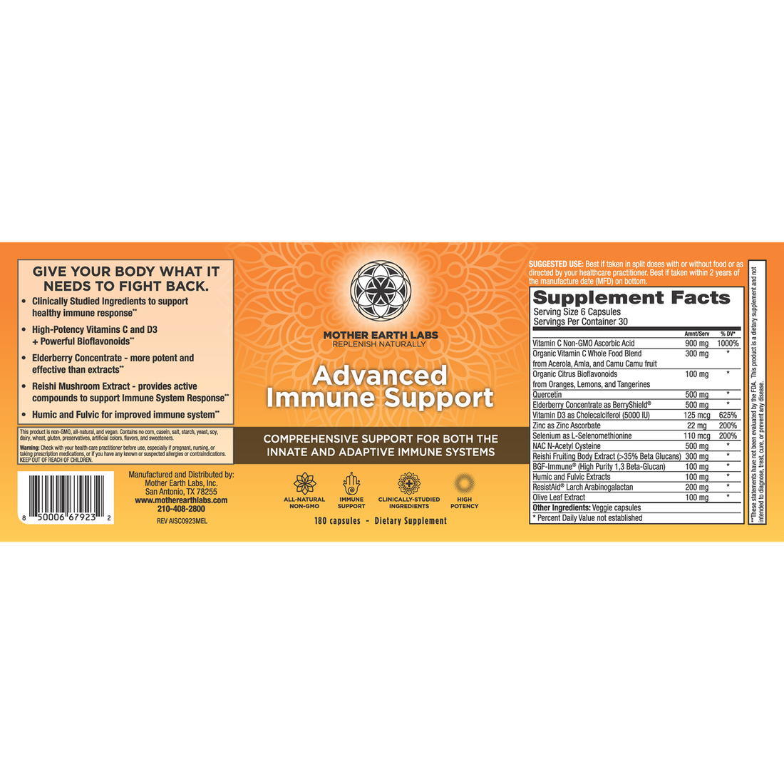 Advanced Immune Support supplement facts label with vitamin C, elderberry, vitamin D3 and zinc