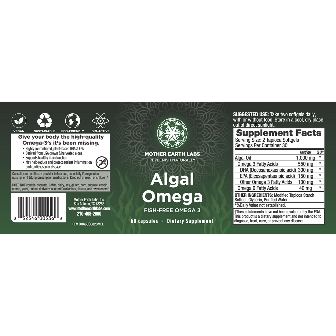 Algal Omega supplement facts label with 300mg DHA and 150mg EPA from algae