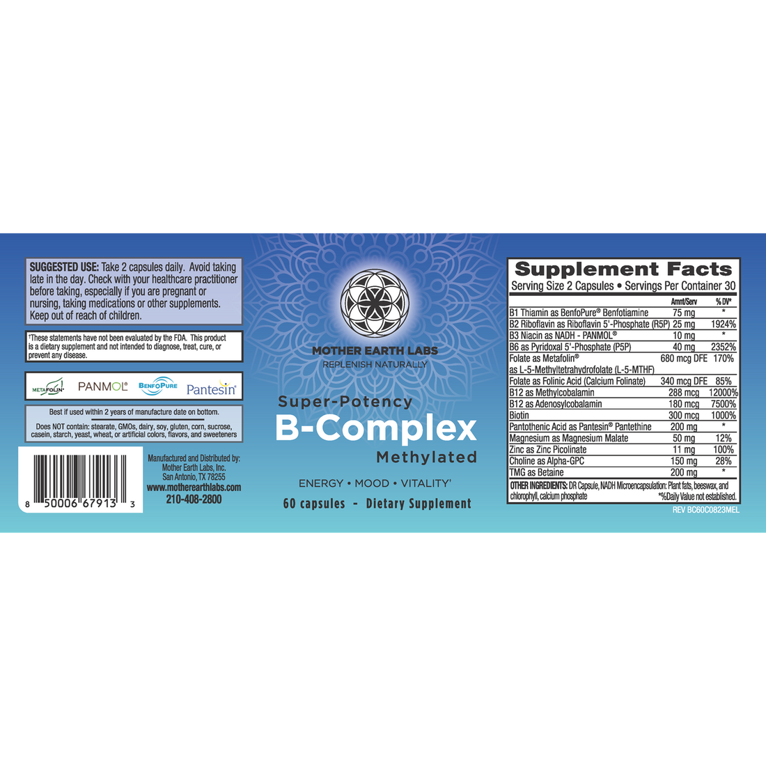 B-Complex supplement facts label with methylated B vitamins and L-5-MTHF folate