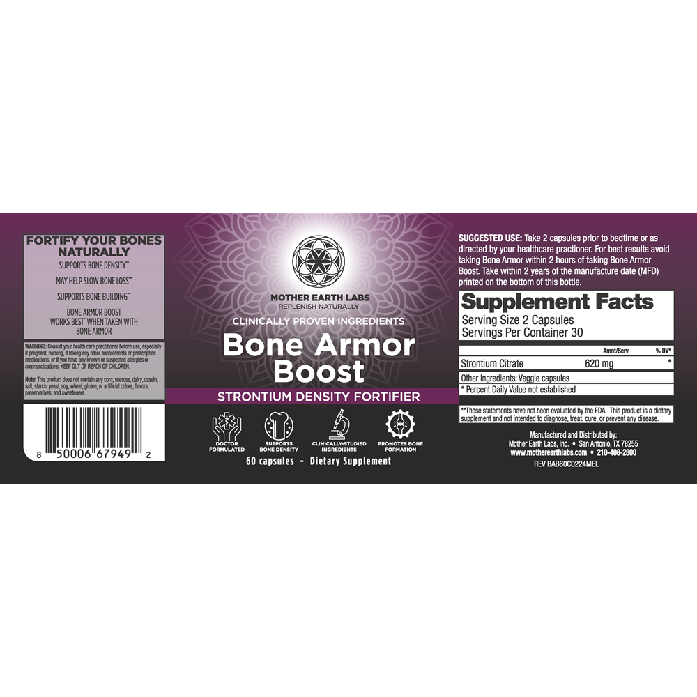 Bone Armor Boost supplement facts label with 620mg strontium citrate