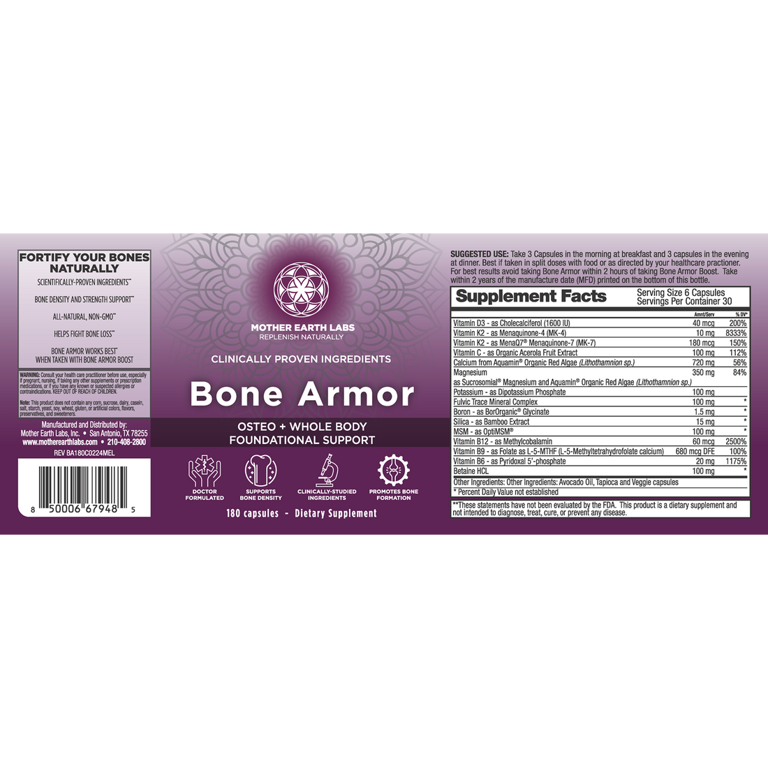 Bone Armor supplement facts label with Aquamin algae calcium, magnesium, vitamin D3 and K2
