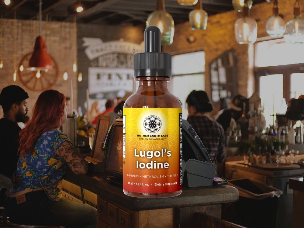 Bottle of Lugol's Iodine on a bar counter with a blurred bar background