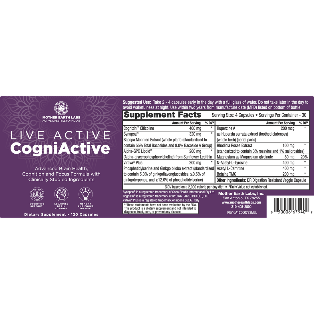 CogniActive supplement facts label with Cognizin citicoline, bacopa and alpha-GPC