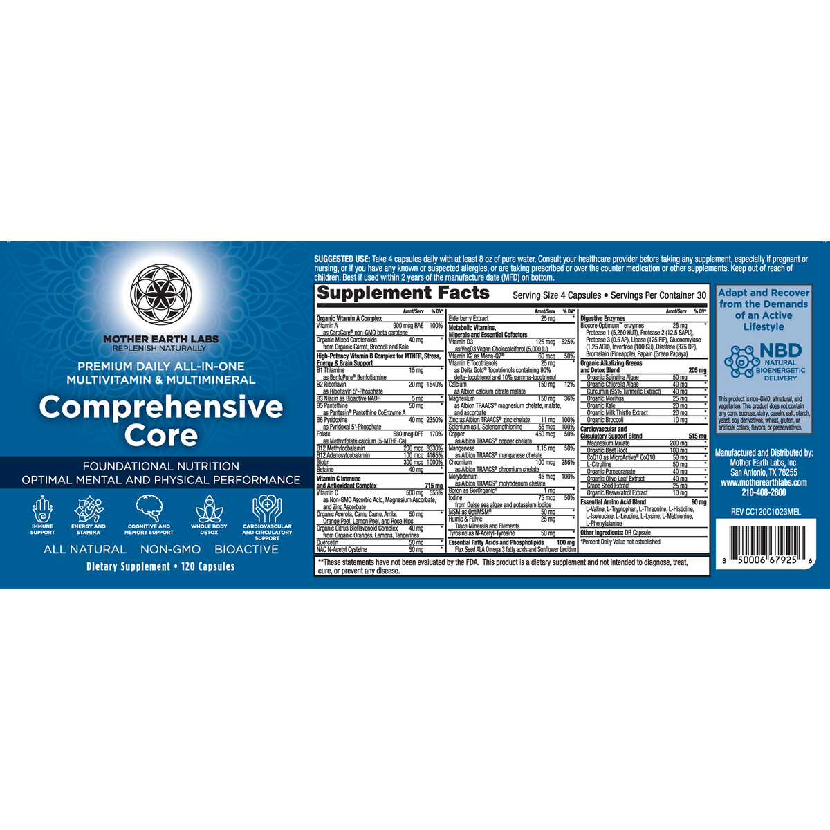 Current Comprehensive Core capsule Supplement Facts panel; open full-size to read