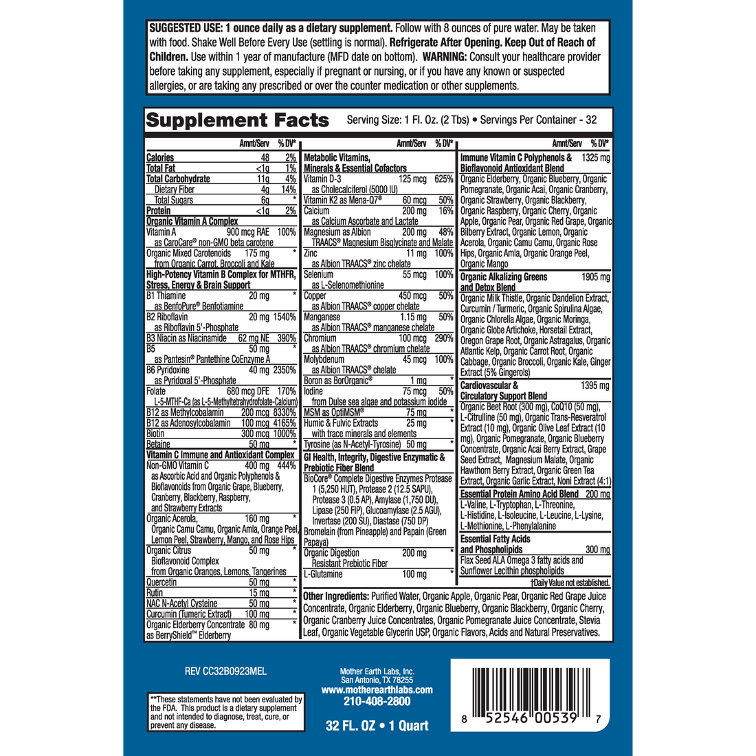 Comprehensive Core Liquid Multivitamin supplement facts label, 32 oz Dispensing Quart