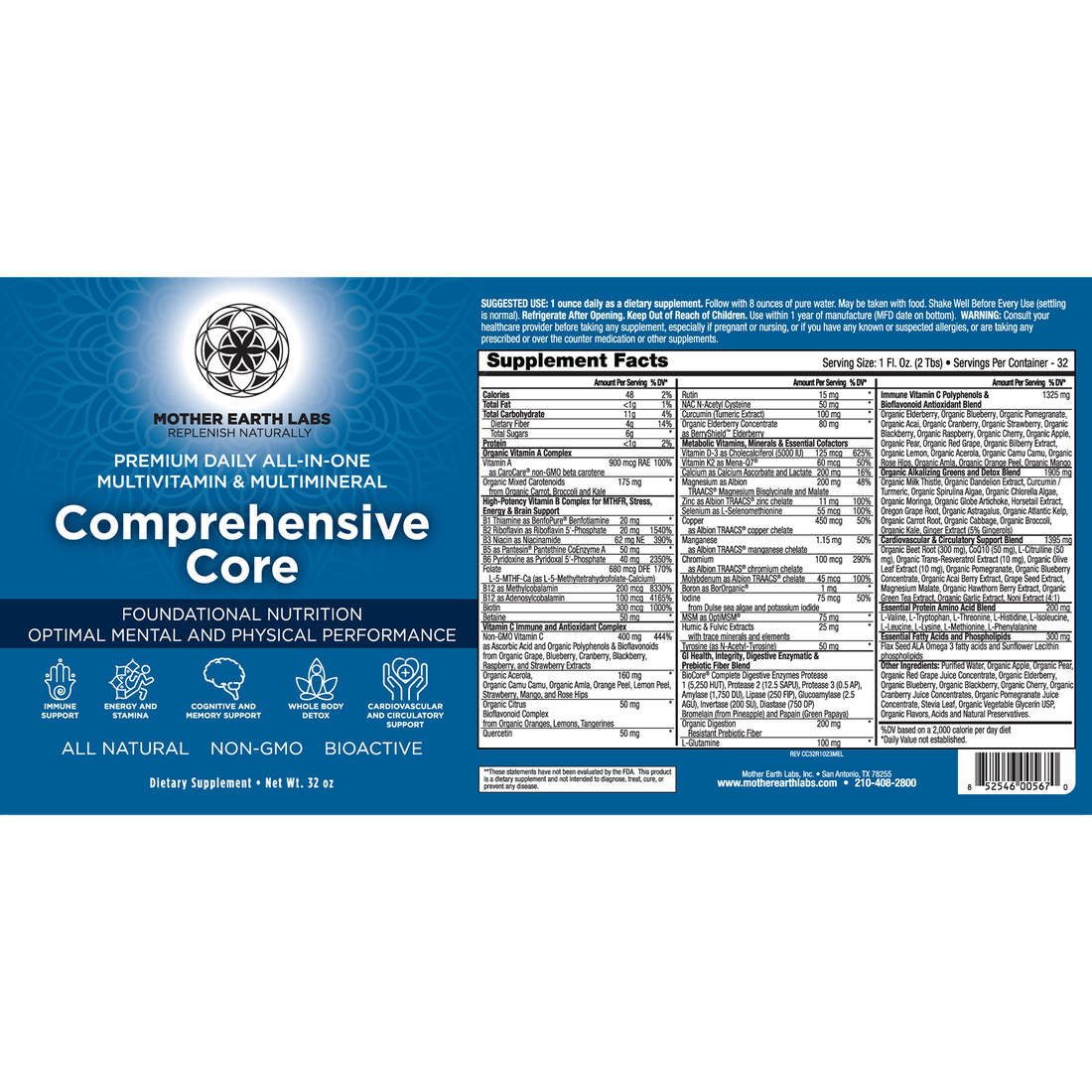 Comprehensive Core Liquid Multivitamin supplement facts label, 32 oz Glass Quart