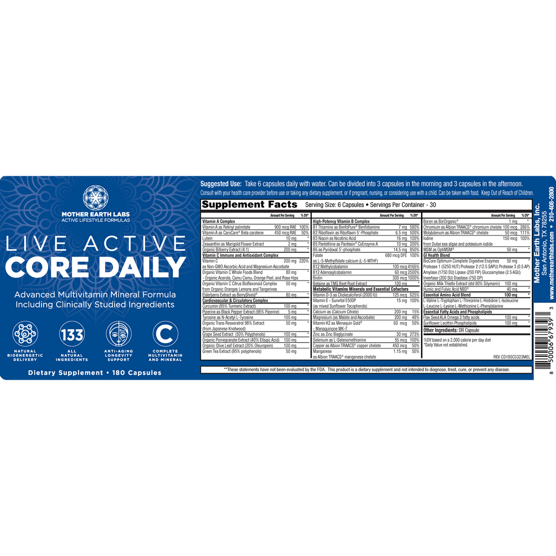Core Daily supplement facts label with vitamins, minerals, lutein and zeaxanthin