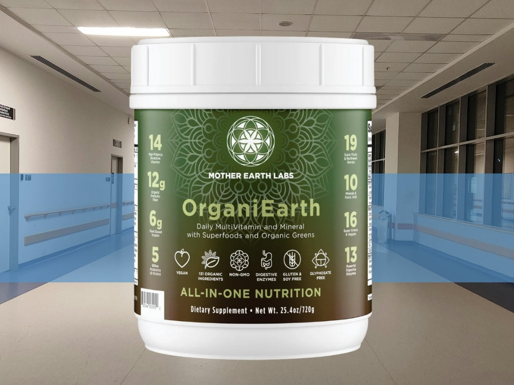 Container of Organic Earth supplement in a hospital setting