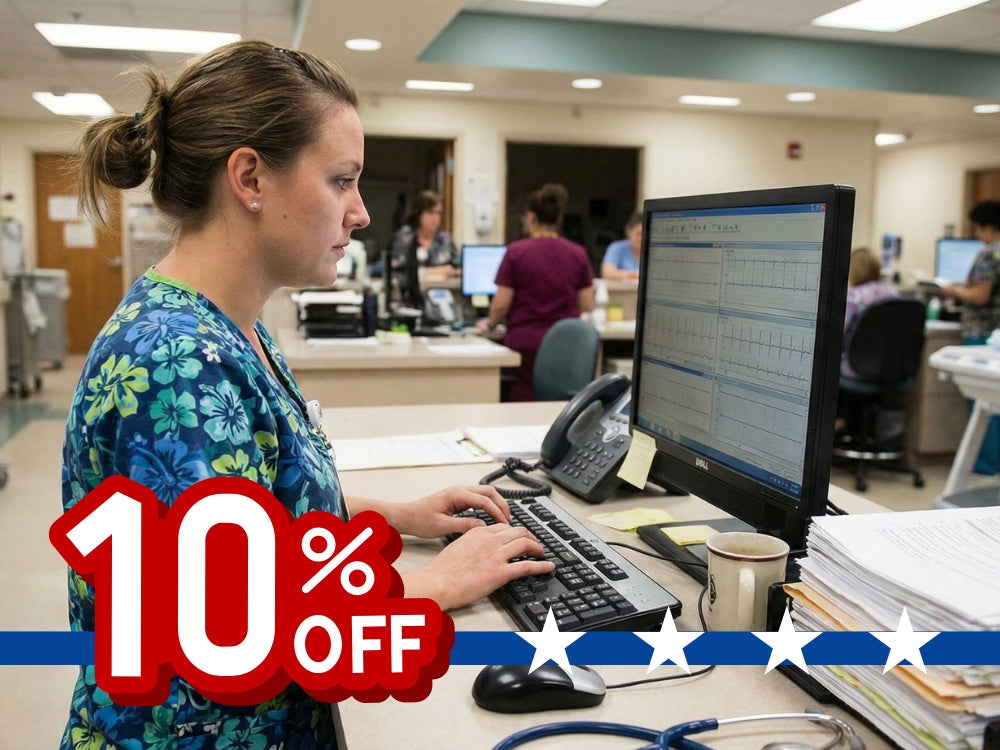 Nurse working at a desk with a computer, surrounded by medical equipment and supplies, with a 10% off promotional banner.