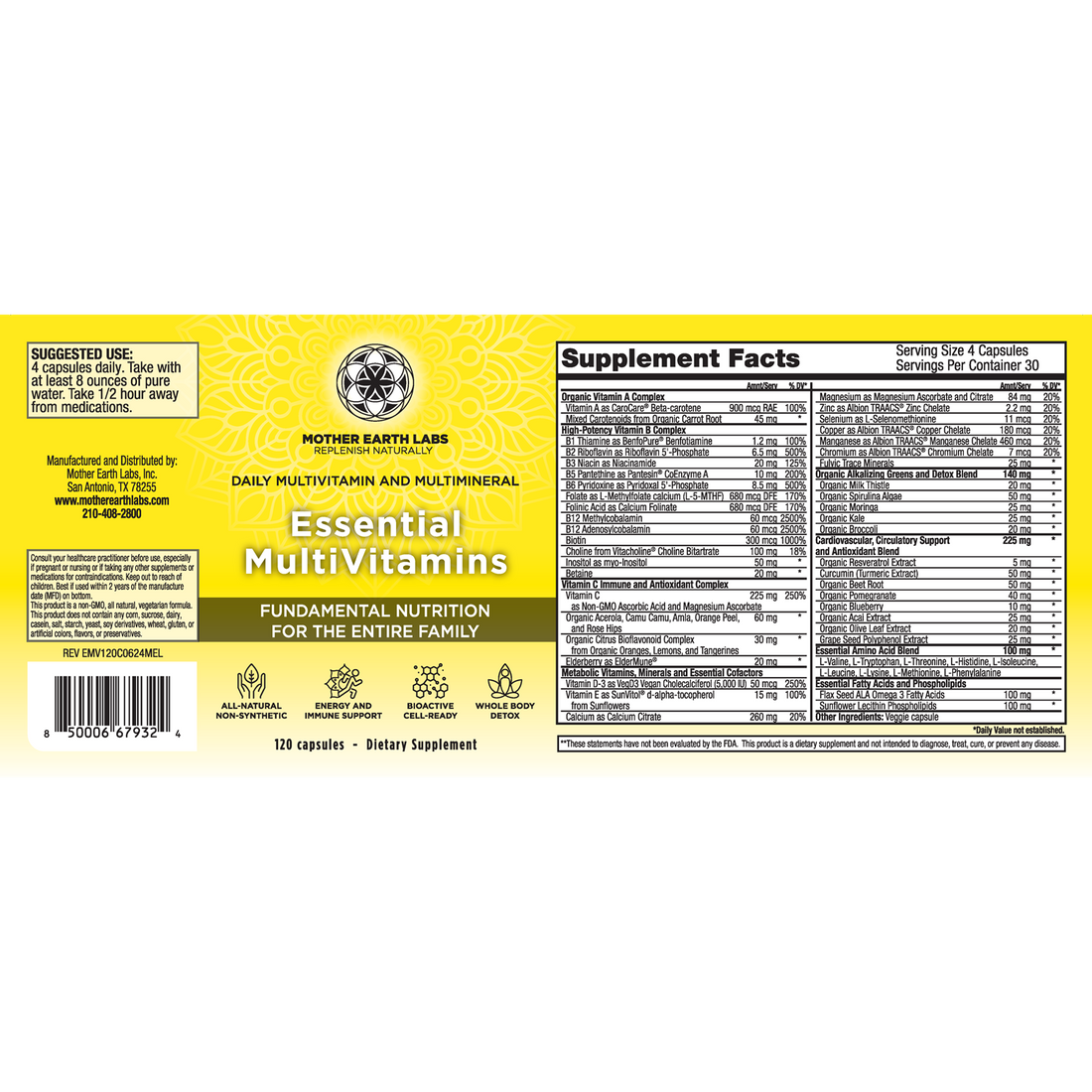 Essential MultiVitamins supplement facts label with B vitamins, chelated minerals and organic greens