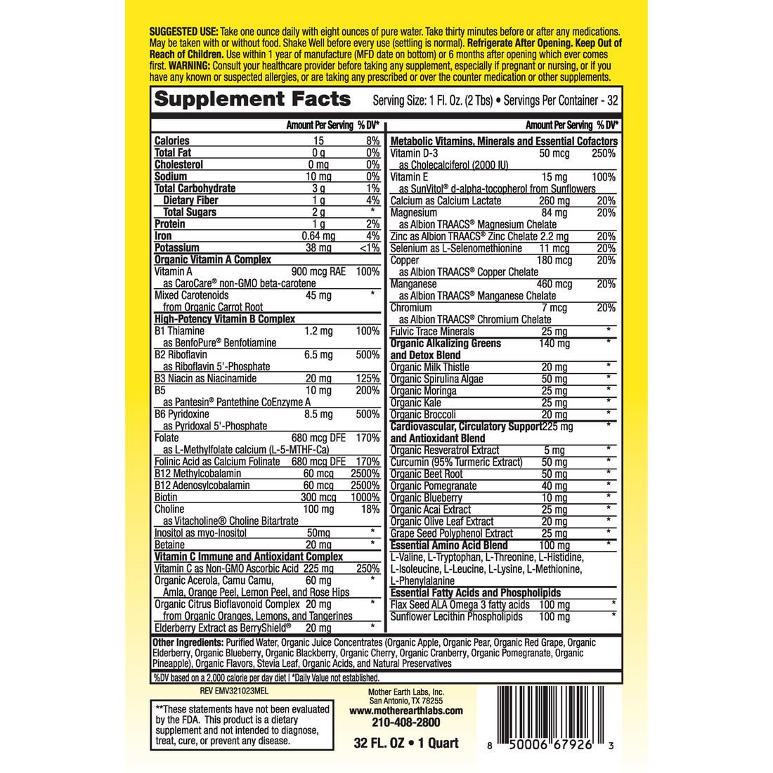 Essential MultiVitamins Liquid Multivitamin supplement facts label, 32 oz Dispensing Quart