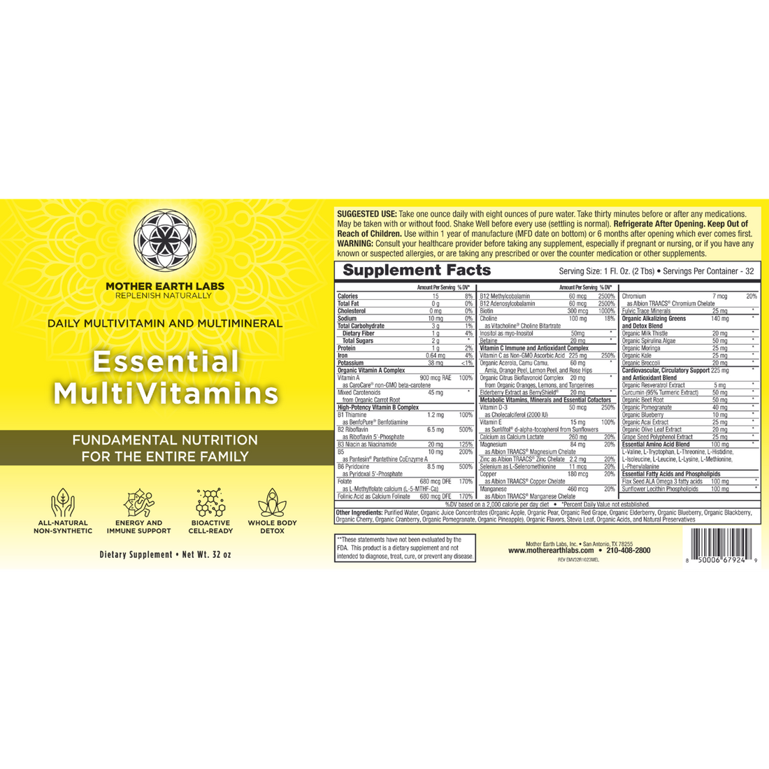 Essential MultiVitamins Liquid Multivitamin supplement facts label, 32 oz Glass Quart