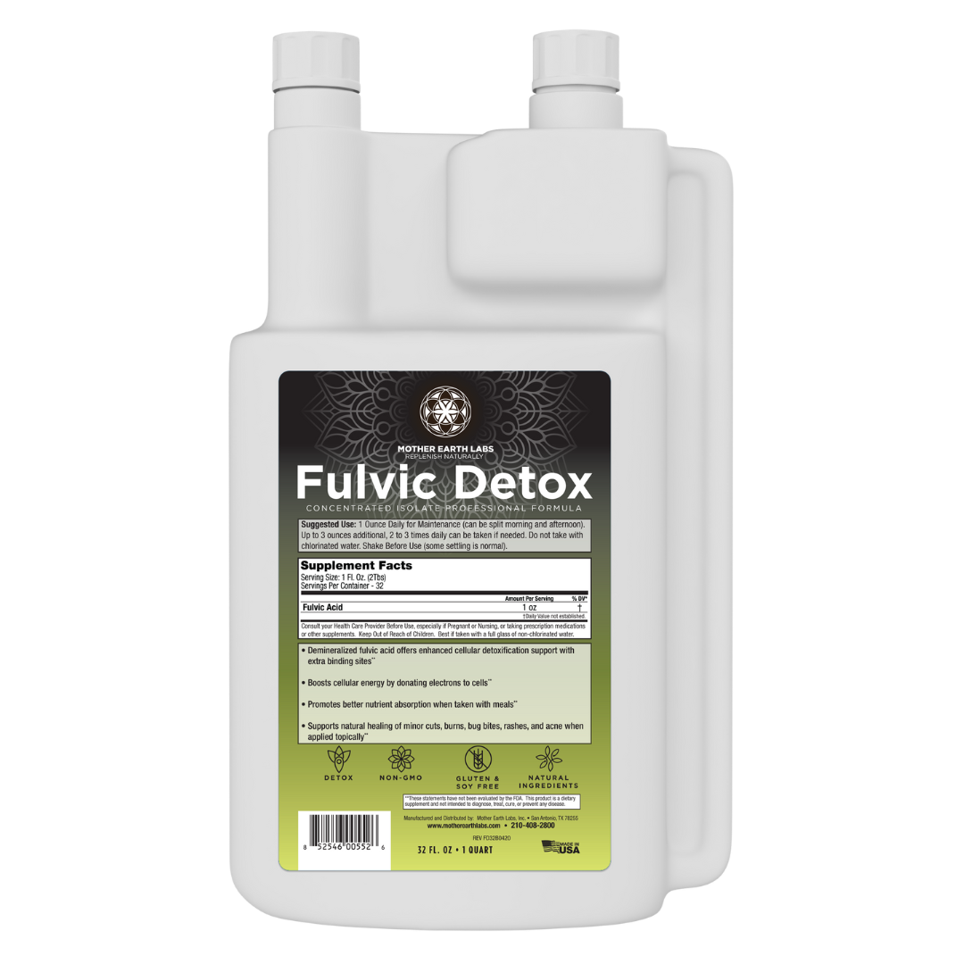 Fulvic Detox Liquid supplement facts label, Demineralized Fulvic Acid, 32 oz Dispensing Quart