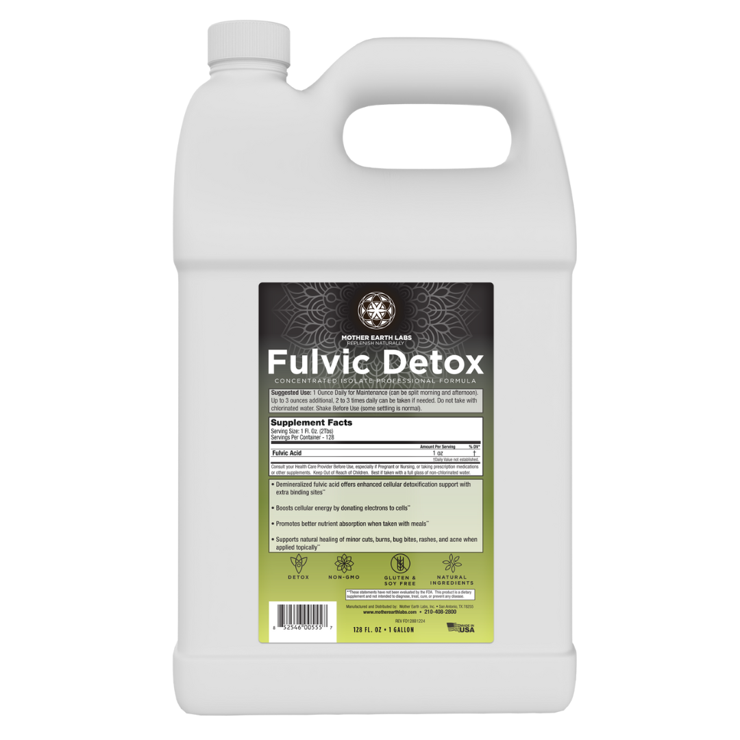 Fulvic Detox Liquid supplement facts label, Demineralized Fulvic Acid, 1 Gallon