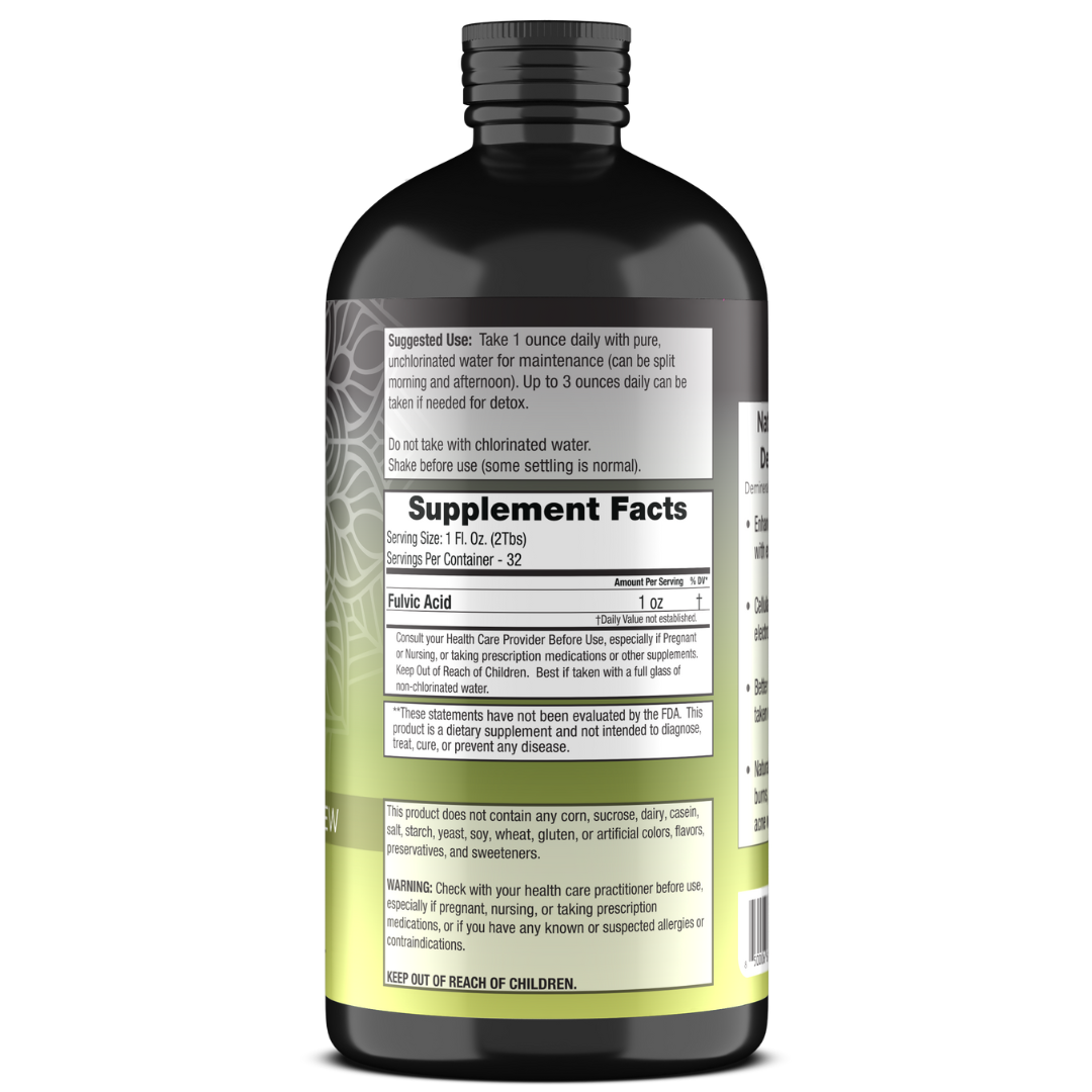 Fulvic Detox Liquid supplement facts label, Demineralized Fulvic Acid, 32 oz Glass Quart