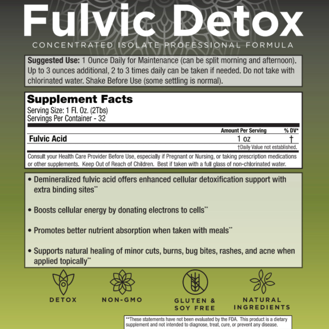 Fulvic Detox demineralized fulvic acid liquid, 32 oz dispensing quart, by Mother Earth Labs