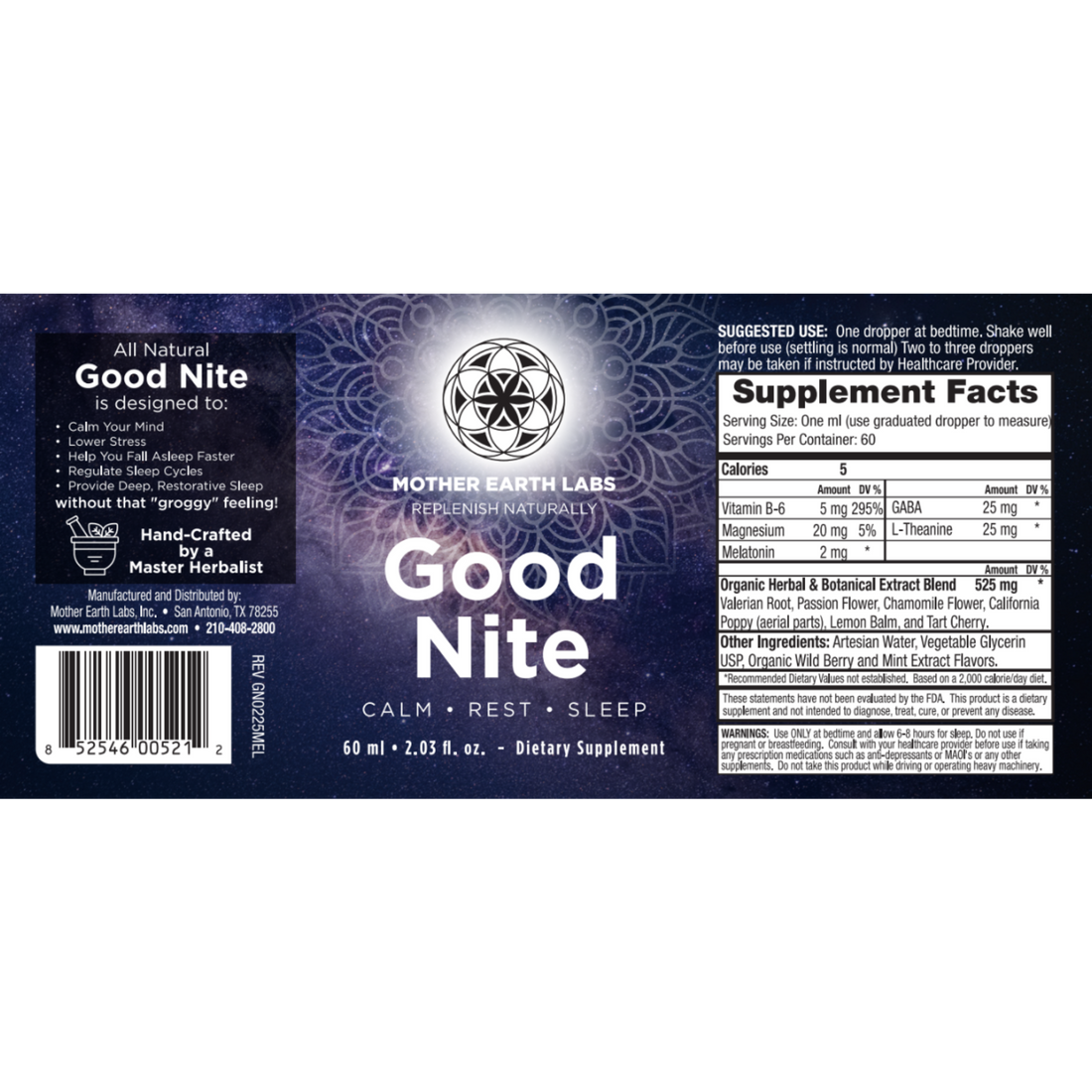 Good Nite liquid sleep drops supplement facts label with melatonin, GABA and L-theanine