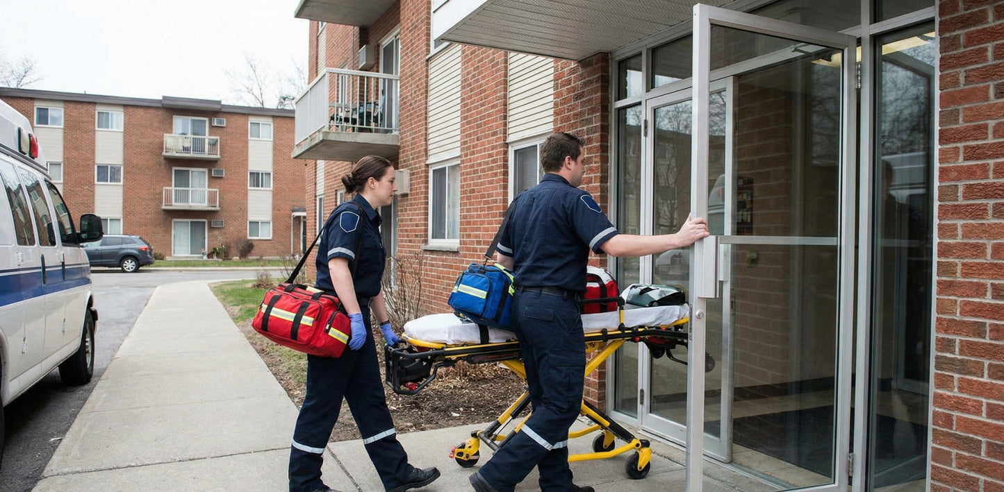 Two paramedics with a stretcher outside an apartment building.
