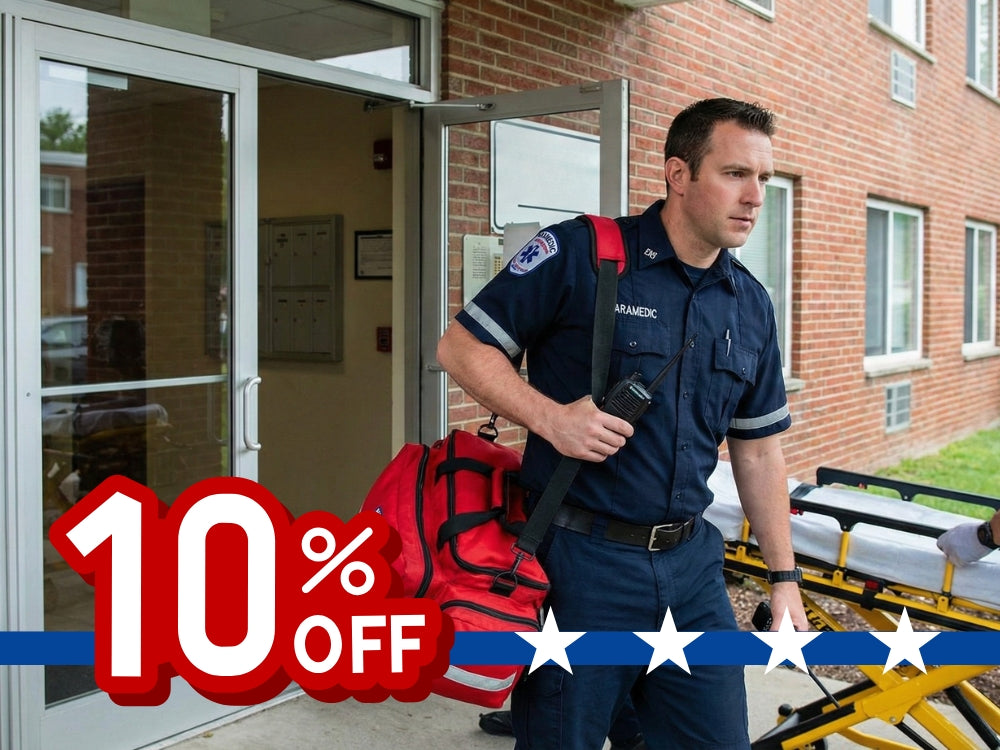 Paramedic with equipment exiting a building, promotional text overlay