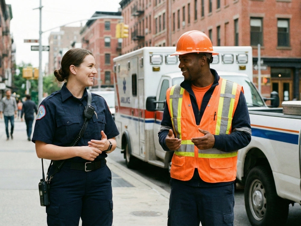 Two individuals, one in a police uniform and the other in a high-visibility safety vest, standing on a city street with an ambulance in the background.