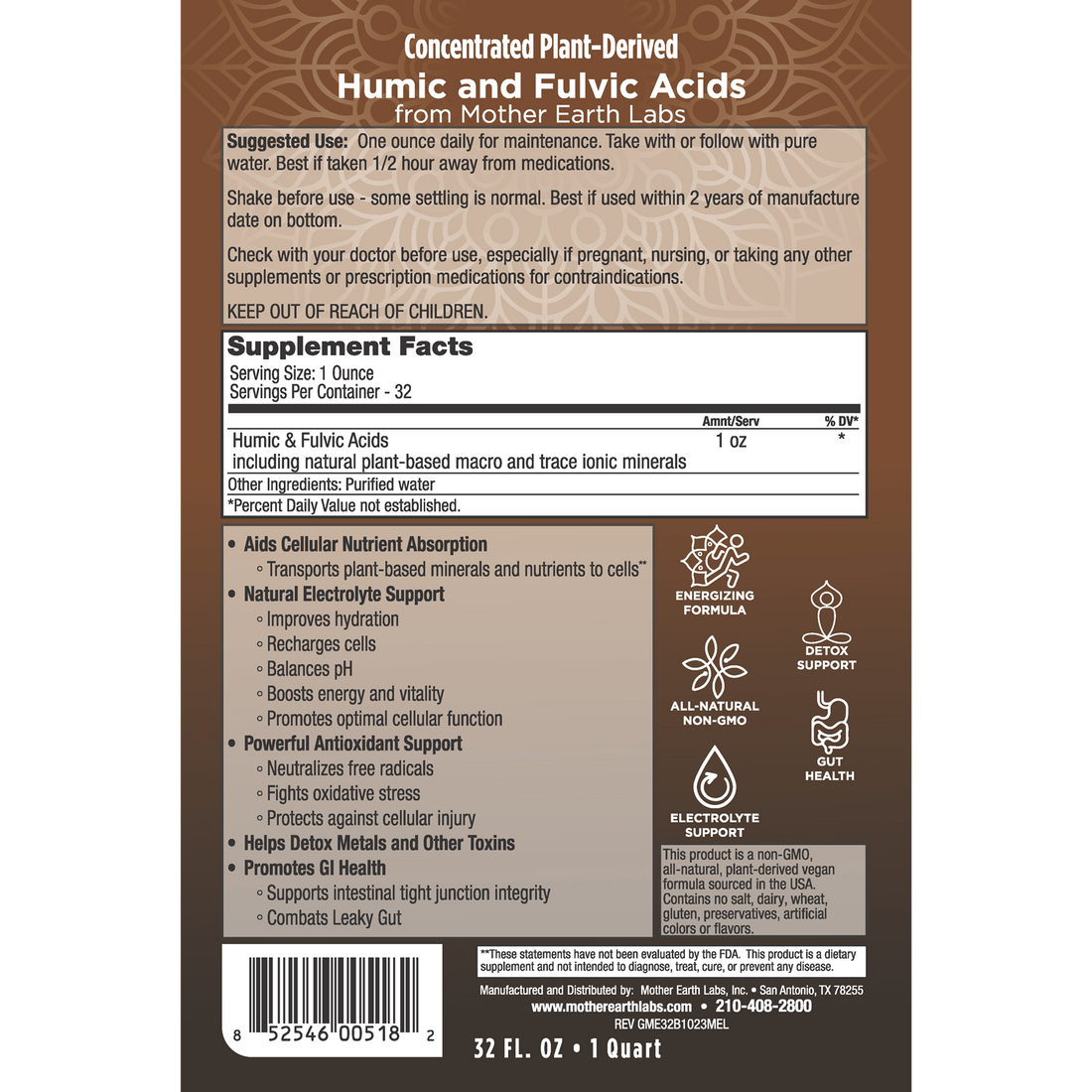 Humic & Fulvic Acid Liquid supplement facts label, 32 oz Dispensing Quart