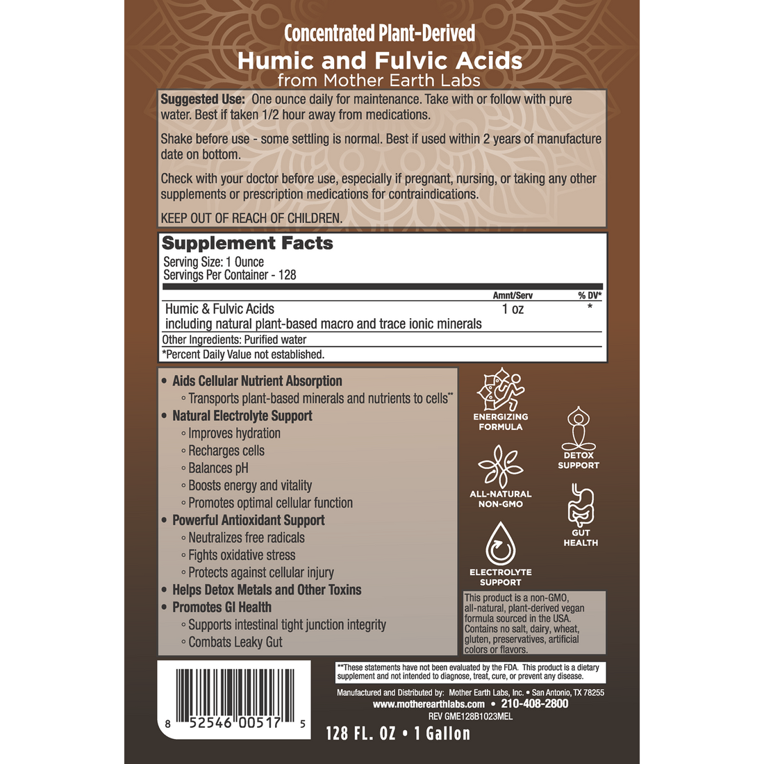 Humic & Fulvic Acid Liquid supplement facts label, 1 Gallon