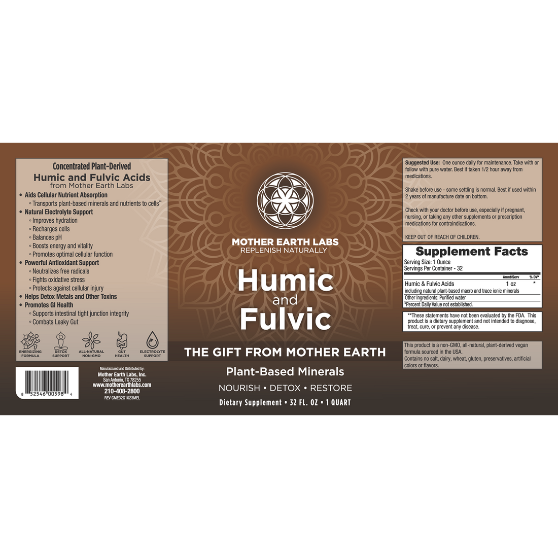 Humic & Fulvic Acid Liquid supplement facts label, 32 oz Round Quart