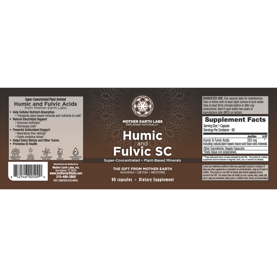 Humic and Fulvic SC supplement facts label with 325mg humic and fulvic acids