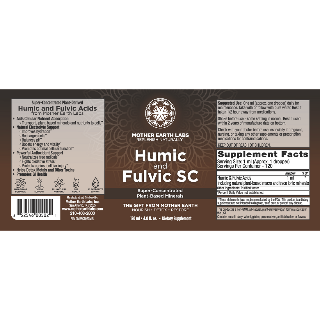 Humic & Fulvic SC Concentrated Liquid Drops supplement facts label, 4 oz