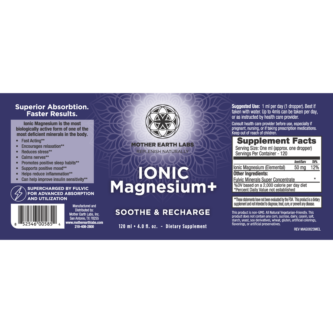Ionic Magnesium+ Liquid Magnesium Drops with Fulvic Acid supplement facts label, 4 oz
