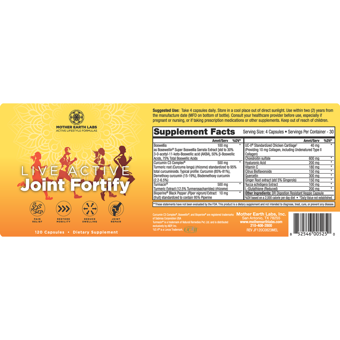 Joint Fortify supplement facts label with UC-II collagen, curcumin, chondroitin and boswellia