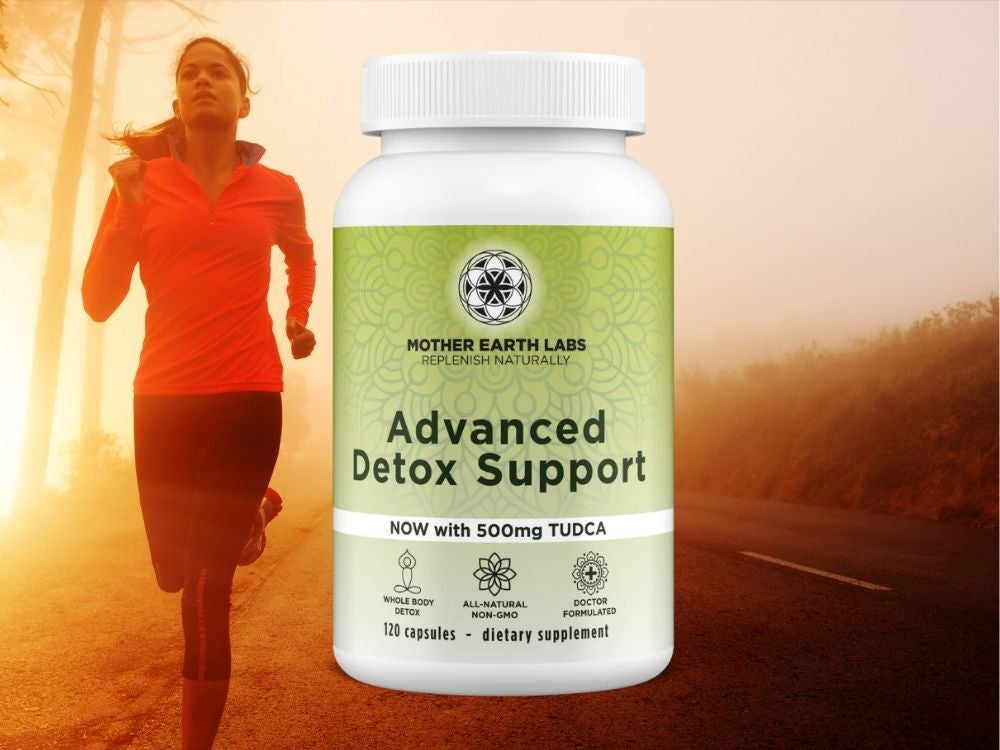 woman running and a bottle of advanced detox support