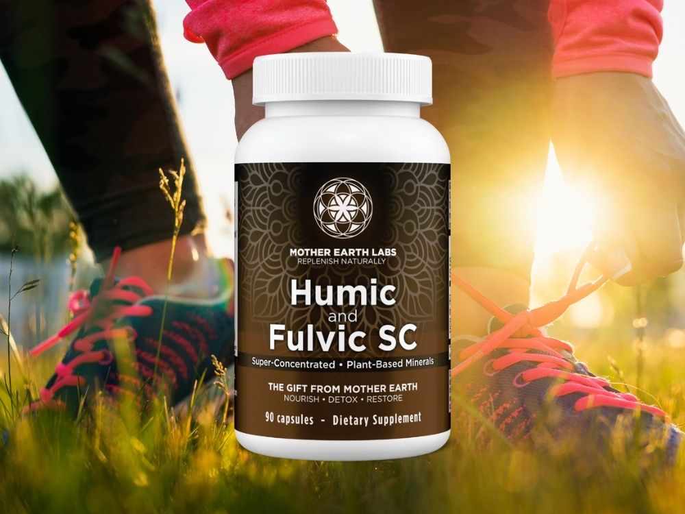 person tying their shoe and a bottle of humic and fulvic sc