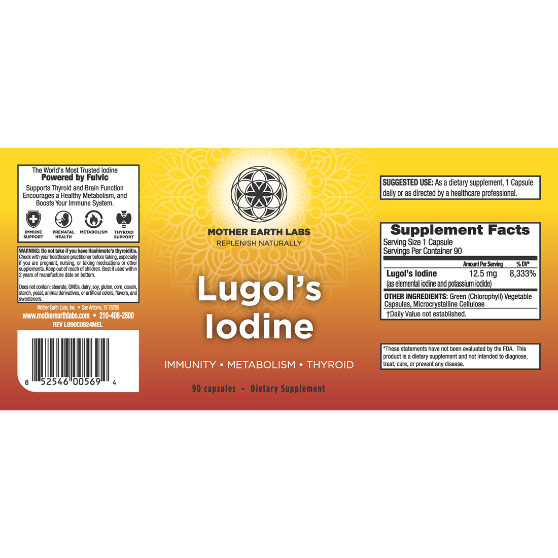 Lugol's iodine supplement facts label with 12.5mg iodine as elemental iodine and potassium iodide
