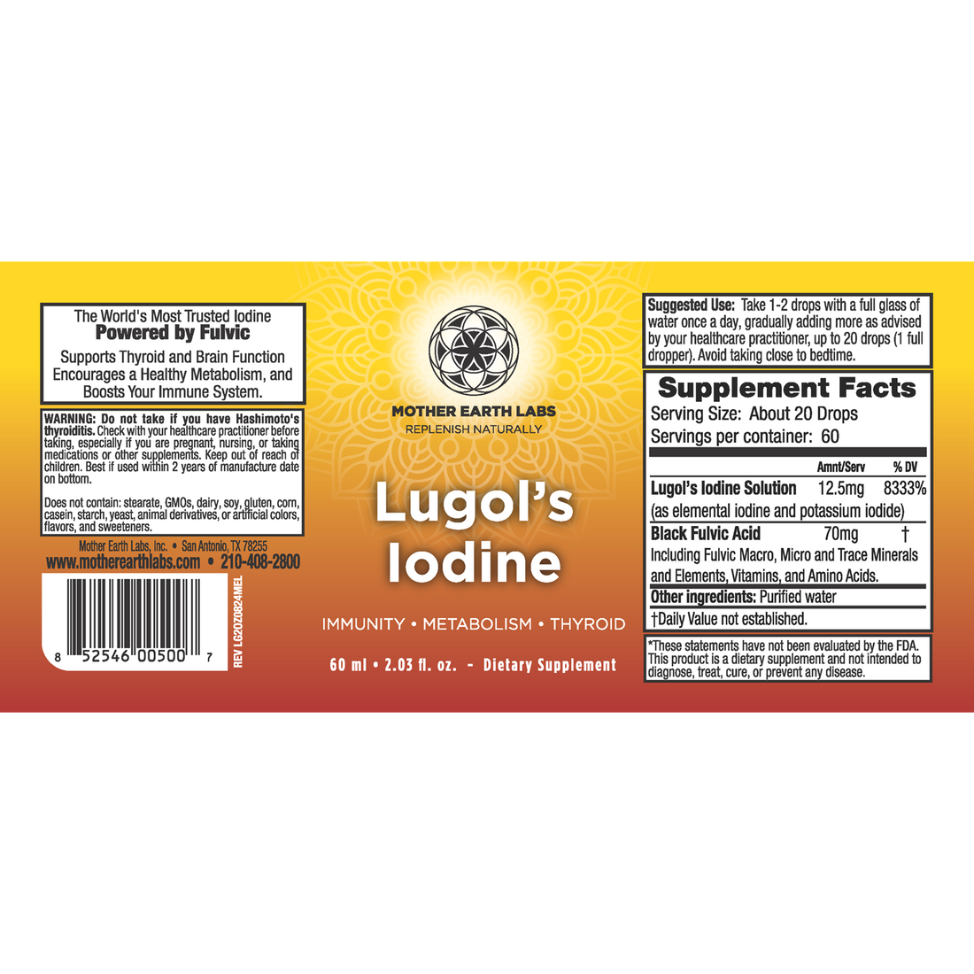 Lugol's Iodine Liquid Drops with Fulvic Acid supplement facts label, 2 oz