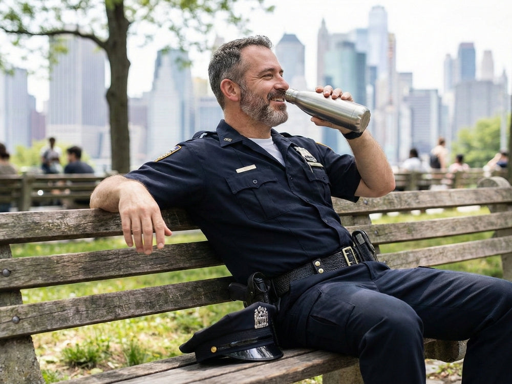 Man in police uniform drinking from a bottle on a bench with a city skyline in the background