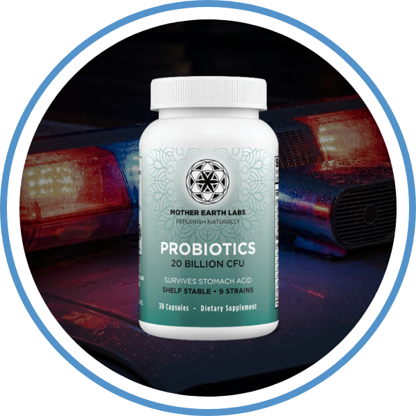 Probiotics supplement bottle with 'Mother Earth Labs' branding on a dark background.