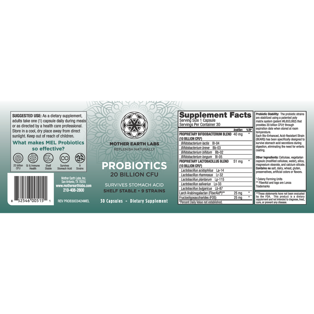 Probiotics supplement facts label with 9 Bifidobacterium and Lactobacillus strains