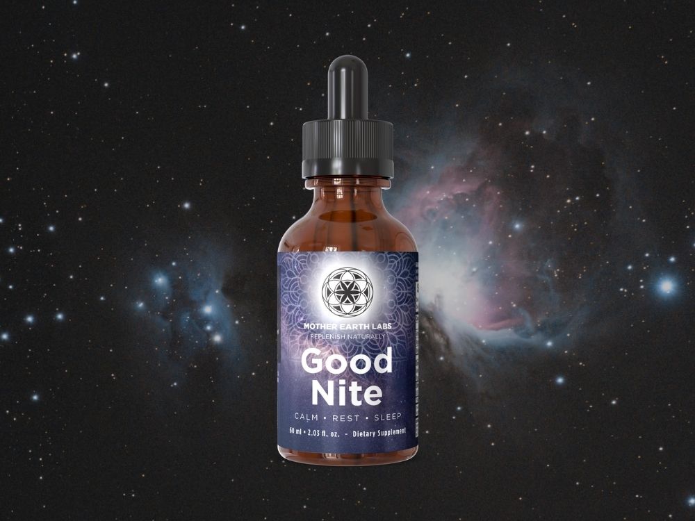 Bottle of 'Good Nite' supplement with a space-themed background
