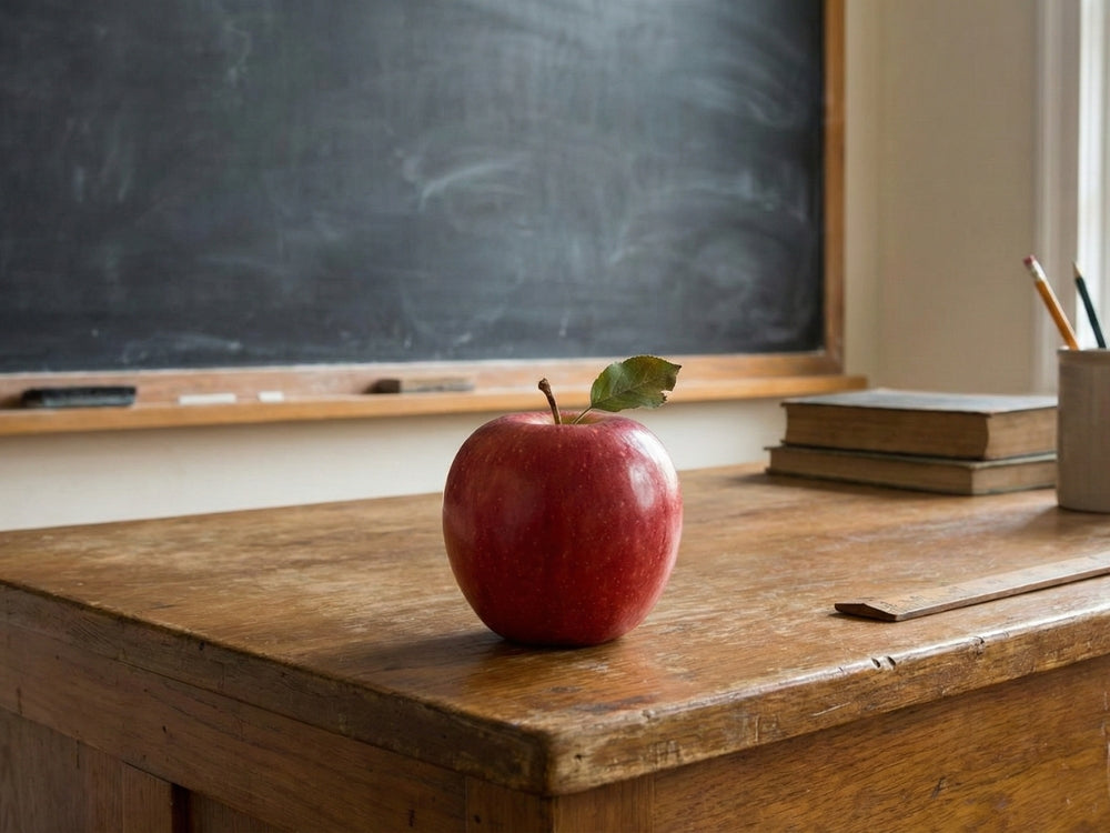 Red apple on a wooden desk with a chalkboard in the background