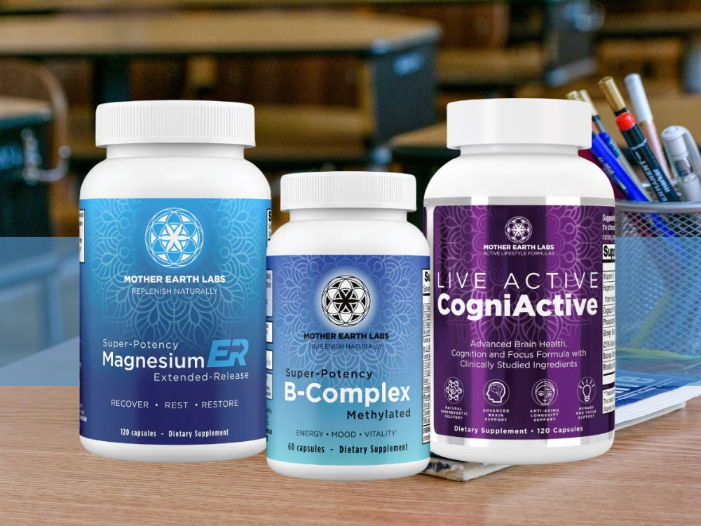 Three supplement bottles from Mother Earth Labs on a table with a classroom background.
