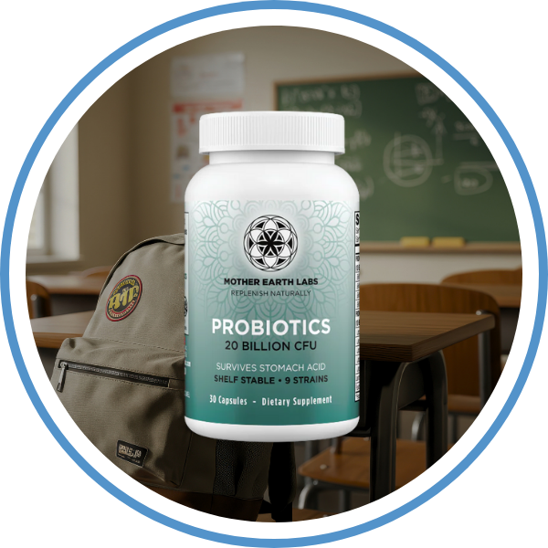 Probiotics supplement bottle with 'Mother Earth Labs' branding in a classroom setting.