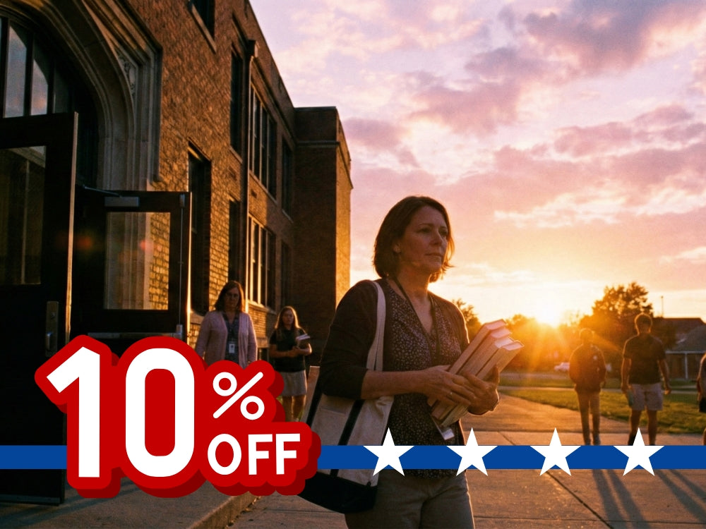 Woman holding books with a 10% off offer at sunset, with a building and people in the background.