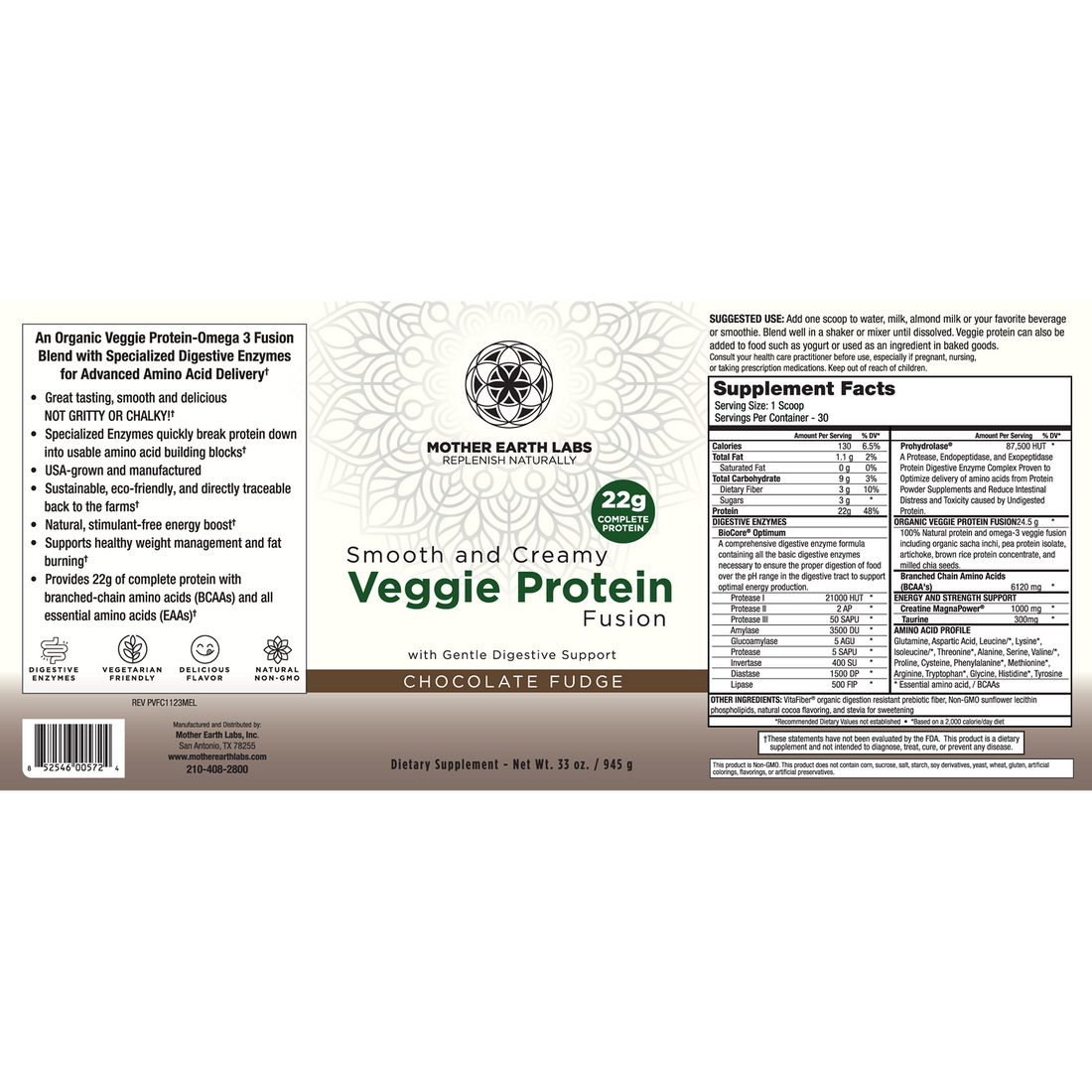 Veggie Protein Fusion Chocolate Fudge plant protein powder by Mother Earth Labs