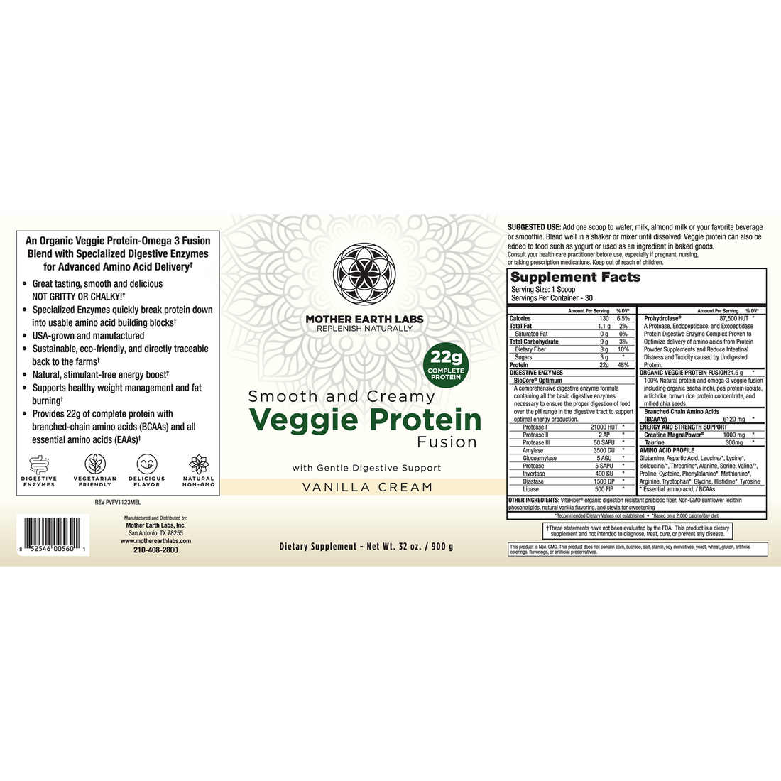 Veggie Protein Fusion Vanilla Cream plant protein powder by Mother Earth Labs