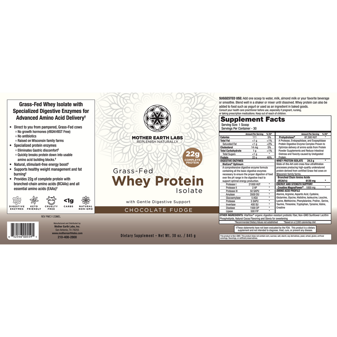 Chocolate grass-fed whey protein isolate with 22g protein and digestive enzymes