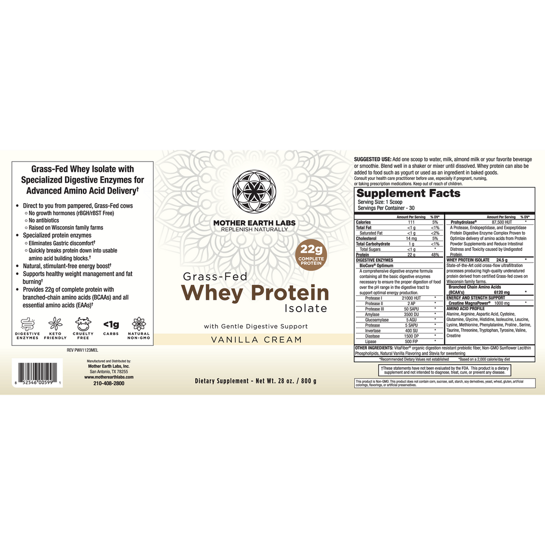 Vanilla Cream grass-fed whey protein isolate with 22g protein and digestive enzymes