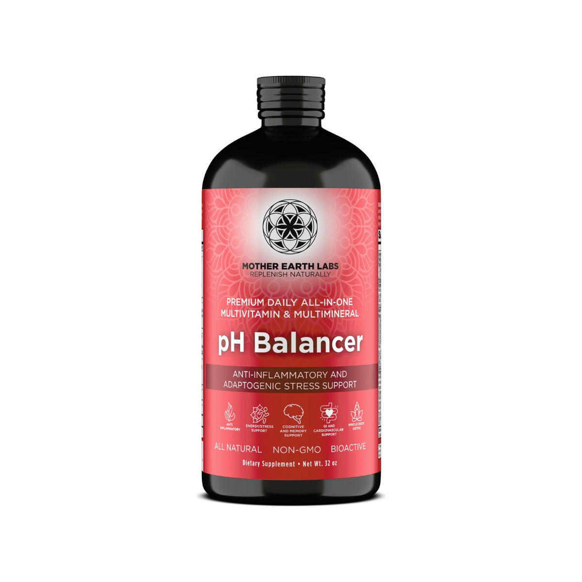 pH Balancer Liquid Multivitamin with Adaptogens – 32 oz Glass Quart by Mother Earth Labs